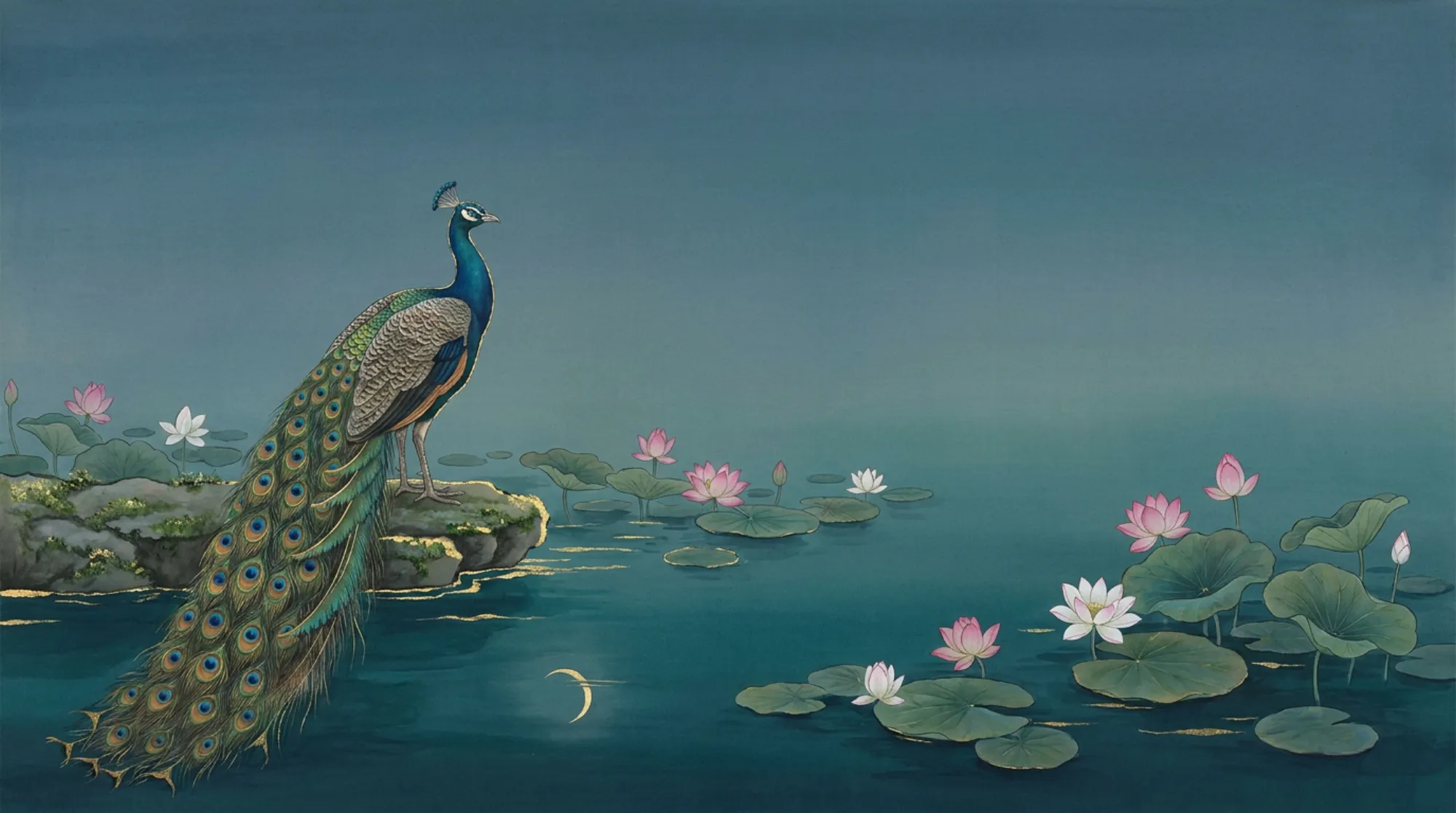A painting in the manner of Indian miniature and Japanese silk painting: a peacock stands on a mossy stone at the left edge of a still teal lotus pond at dusk, its long eyed tail draping toward the water; pink and white lotuses float on round leaves and a thin crescent moon is reflected in the water.